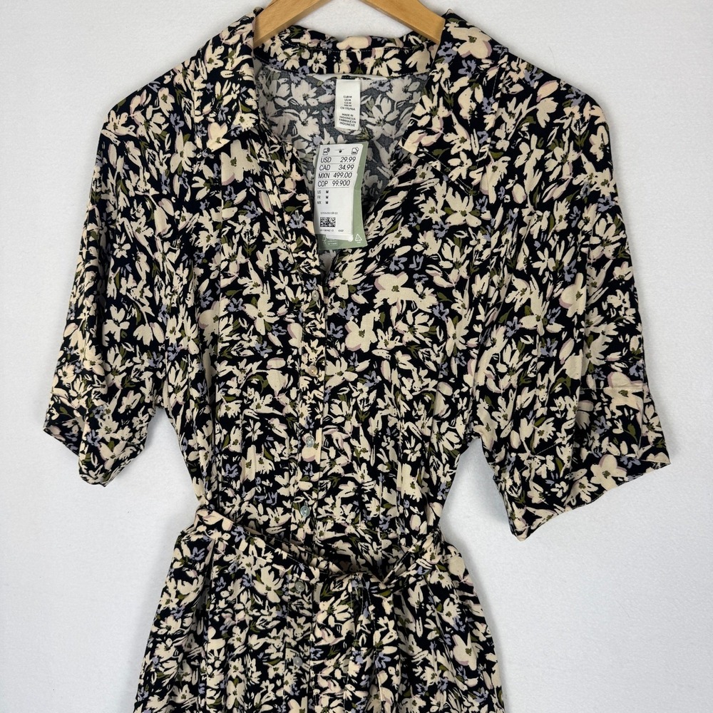 H&M Black Floral Tie-Belt Shirt Dress Womens Medium NWT Short Sleeve Midi Button - Picture 10 of 16